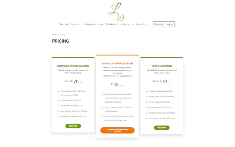 School of Happiness Online pricing table page