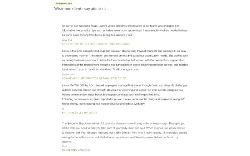 Be Well 360 Program homepage testimonials