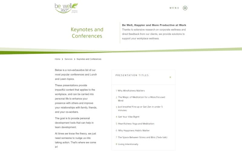 Be Well 360 Program Services Lunch and Learns, conferences, and keynotes